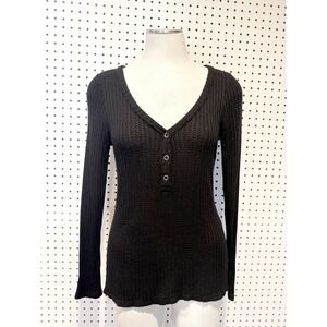 Chaser | Black Waffle Knit Henley V-Neck Long Sleeve Top CW7869 Womens Small